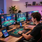Experience intense gameplay at VK88 with a player engrossed in a live dealer blackjack game on multiple screens, showcasing a modern gaming setup.