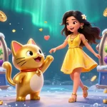 Play exciting slot games with Sunwin featuring a cheerful woman and a lucky cat surrounded by coins.