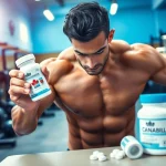 Showcase of Canadian anabolics held by a fitness enthusiast in an energizing gym atmosphere.