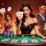 Engage with the vibrant world of gambling at rr88me with an elegant woman showcasing her playing cards in a dynamic casino setting.
