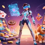 Experience the thrill of gaming with 28bet as a futuristic woman and robot dog showcase an exciting casino environment.