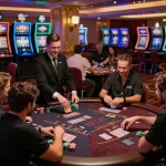 Players engaging in blackjack gameplay at a lively casino floor within pub88 com, chips stacked high on vibrant tables