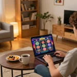 Nohu90 online gaming setup with player engaging in slot games in cozy living room