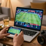 Player enjoying VU88 live sports betting on their smartphone, showcasing an engaging home atmosphere.