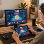 Engaged player using TR88 online interface on tablet for strategic gambling