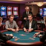 Players strategizing in an upscale VIP lounge at HZ88's casino, engaging in high-stakes poker games.
