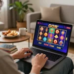Engaged player enjoying GO8's slot games online in a cozy home setup