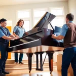 Specialty moving company expertly handling a grand piano during a home move.