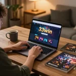 33win player engaged in online casino strategy review on a laptop in a cozy home setting.