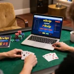 Engaging with the rikvip platform on a laptop at home, illustrating the online gaming experience.