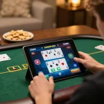 Engaged player strategies during online poker gameplay on 33win tablet at home.