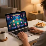Engaged player enjoys online gaming experience with nhà cái lv88 interface displayed on laptop.