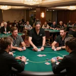 SX88 players engaged in high-stakes poker at a luxurious casino table, showcasing strategic gameplay.
