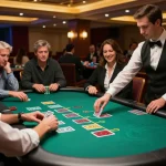 Players strategizing in a live dealer blackjack game at bom88 casino, vibrant atmosphere captured.