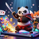 Engage in thrilling gambling with 56win featuring samurai panda and ninja fox in a vibrant casino scene.
