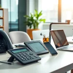 Showcasing business phone providers with modern office technology and sleek devices.