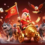 kubet247 showcases a vibrant, action-packed scene with a rooster warlord and dynamic casino elements.