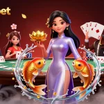 Engage in gaming excitement at webskubet, featuring an Asian woman in a modern ao dai with vibrant poker elements.