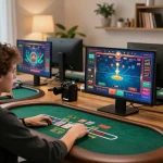 Player enjoying TR88 online blackjack with live dealer in a stylish home office setting.