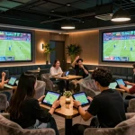 Cheering fans placing bets in the stylish TA88 sports betting lounge