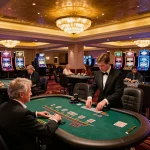 Players enjoy the action at 566 com’s luxurious casino tables, showcasing excitement and engagement in the gambling experience.