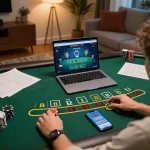 VA88 player engaged in live dealer blackjack, showcasing strategic gameplay at home