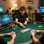 Players engaging in an exciting online poker game at home, highlighting 99ok's user-friendly interface.