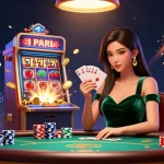 S8's beautiful Asian woman at a poker table strategically plays cards amid jackpot excitement and vibrant casino elements.