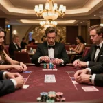Players engage in high-stakes poker at MMOO casino, showcasing stylish gameplay and luxury ambiance.