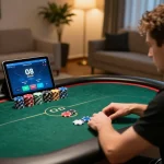 Player engaging in online poker with the O8 app, chips in front, cozy home setting.