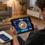 Player engaging with 13win online casino on tablet, excited reaction as virtual roulette spins.
