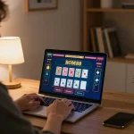 BOM88 user enjoying live dealer game on laptop in a cozy home environment, promoting safe online gambling