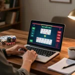 GEM88 user engaging with online poker game on laptop, reflecting strategic gaming atmosphere.