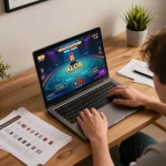 Player engaged in strategic ALO8 gaming on laptop with notes in warm, inviting setting.