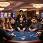 Dynamic casino scene of players engaging at nhà cái nk88 poker tables, showcasing excitement and strategic gameplay.