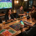 Active sports betting scene showcasing miso88 app on smartphone with lively atmosphere.