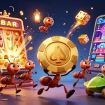 Experience thrilling gaming with hm88 in 3D as cartoon ants race for a giant poker chip in a vibrant casino scene.