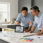 Custom countertops Hamilton: Designer showing quartz samples in a bright kitchen
