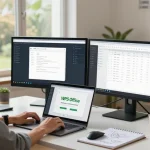 WPS Download in a vibrant home office setup, professional downloading software on modern devices with inspired decor.
