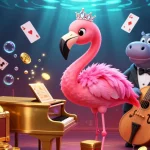 af88 casino lounge scene with a flamingo singer and hippo bassist amid vibrant treasures.