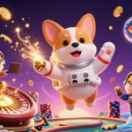 Engage in exciting games at ok365 with a corgi astronaut in a dynamic casino scene.