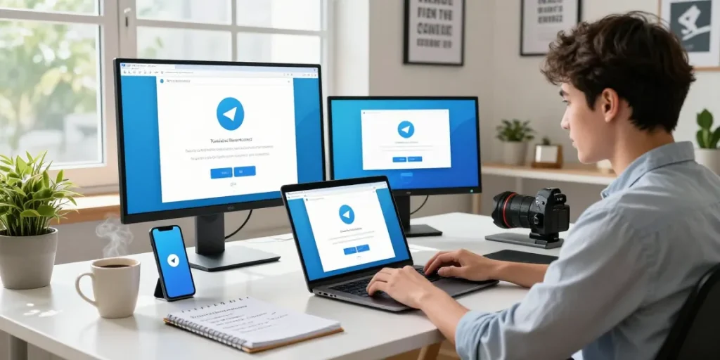 Explore Telegram download setup at a modern tech workspace with devices and tutorial visuals.
