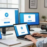 Explore Telegram download setup at a modern tech workspace with devices and tutorial visuals.