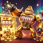 Alo8's golden gorilla mech celebrates with coins exploding from a treasure vault in this dynamic gambling scene, showcasing exciting casino themes.