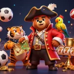 Engage in fun games on S8 COM with a cartoon pirate captain bear and tiger celebrating wins.