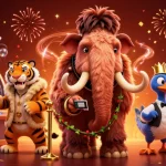 Experience thrilling gameplay with app 98win as a woolly mammoth bouncer checks IDs in a vibrant casino.