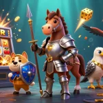 Experience the excitement of okwin88 with knights, treasure chests, and a dynamic casino scene.