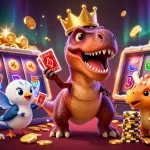 Win big with 98win nhà cái featuring a vibrant casino scene and playful dinosaur characters.