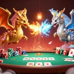 Engage with app lc88 through a vibrant casino illustration featuring dynamic dragons and poker elements.