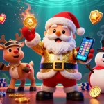 Experience fast cashouts at instant payout casinos Australia with a vibrant casino scene featuring festive characters.